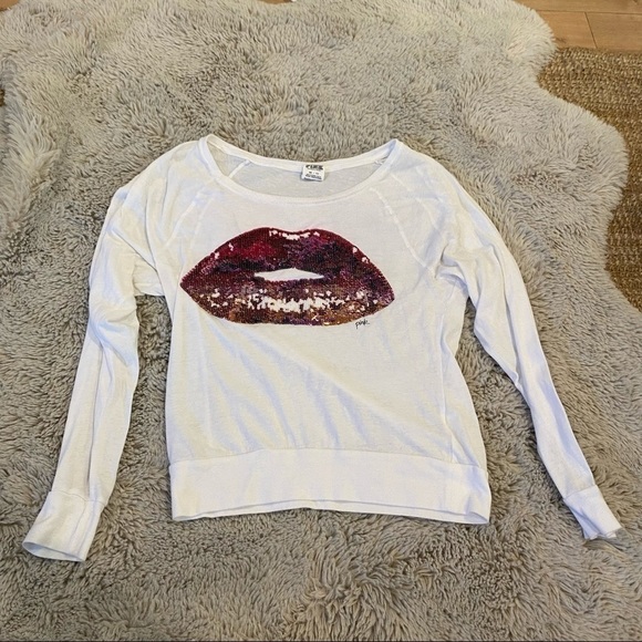 Pink white long sleeve XS women’s sequin lips - Picture 2 of 6